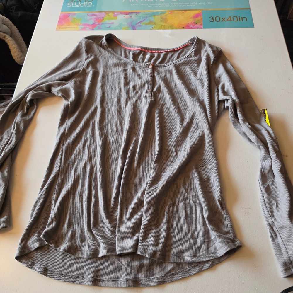Jockey Womens Grey Ribbed Long Sleeve Henley Top Size XL Curved Hem Lounge